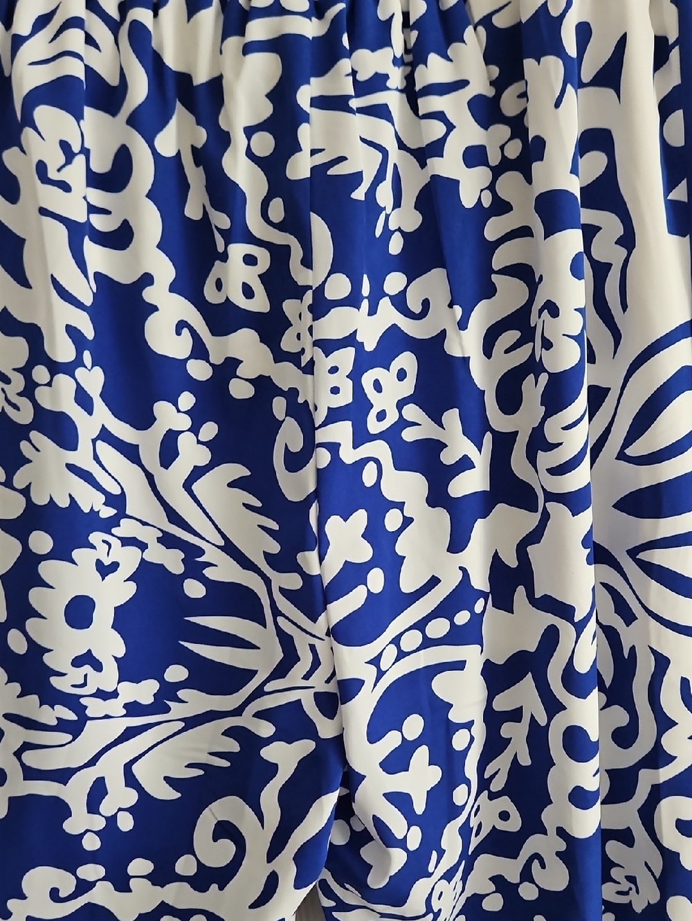 Sugarlips Curve Wide Leg Lined Satin Pants: Blue/White Print: Size- 3X - Picture 7 of 15